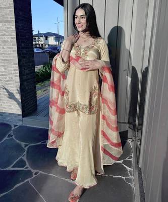Beige crepe embroidered sharara set 3