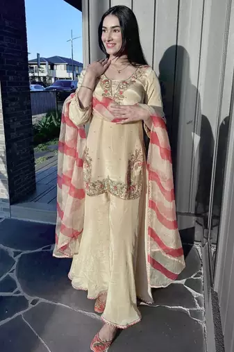 Beige crepe embroidered sharara set