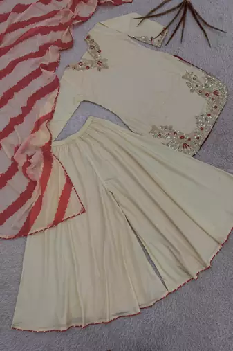 Beige crepe embroidered sharara set
