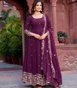 Purple faux georgette embroidered gown set