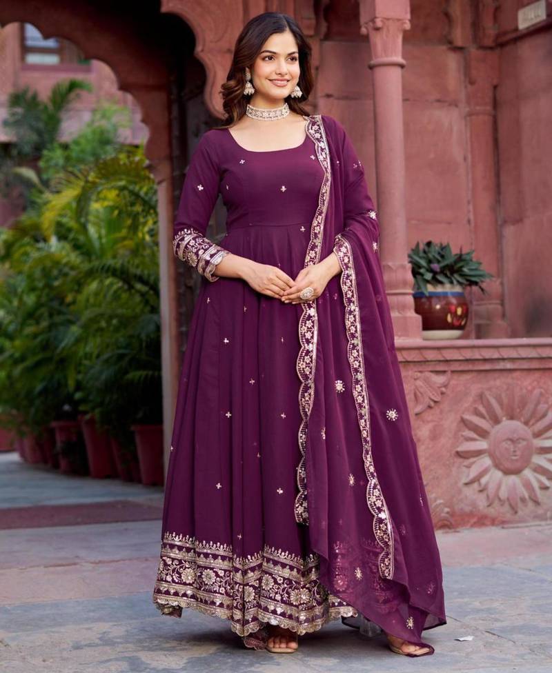 Purple faux georgette embroidered gown set