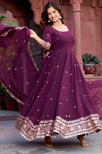 Purple faux georgette embroidered gown set