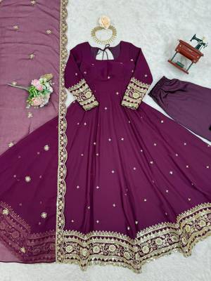 Purple faux georgette embroidered gown set 3
