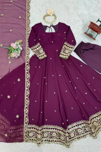Purple faux georgette embroidered gown set