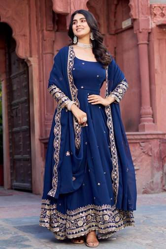 Royal blue faux georgette embroidered gown set