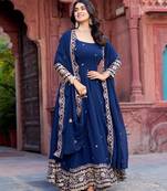 Royal blue faux georgette embroidered gown set
