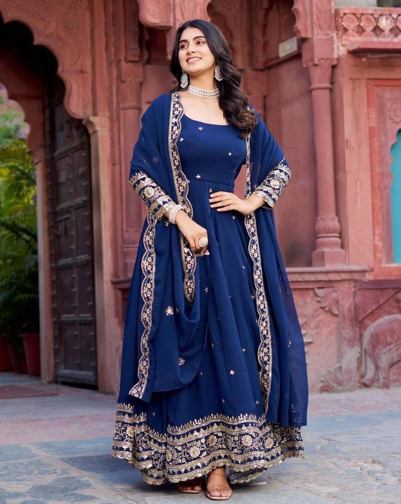 Royal blue faux georgette embroidered gown set