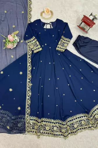 Royal blue faux georgette embroidered gown set