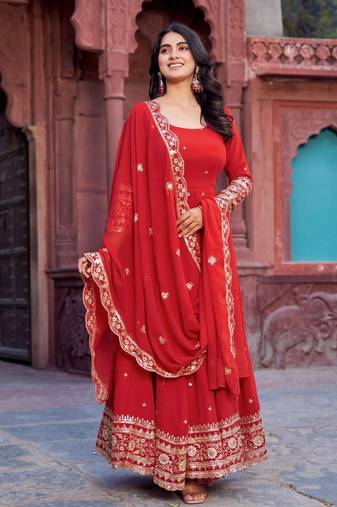 Orange faux georgette embroidered gown set