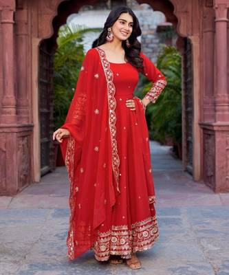 Orange faux georgette embroidered gown set 2