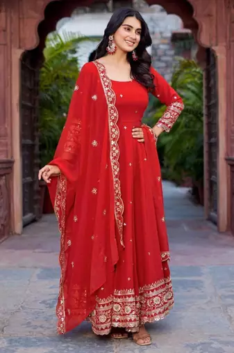 Orange faux georgette embroidered gown set