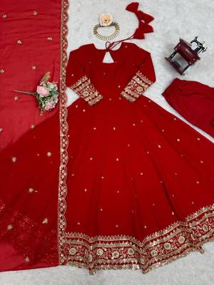 Orange faux georgette embroidered gown set 3