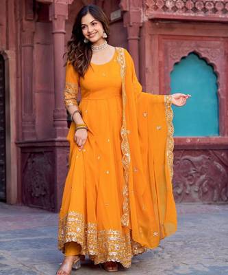 Mustard faux georgette embroidered gown set 1