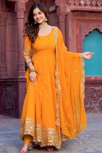 Mustard faux georgette embroidered gown set