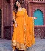 Mustard faux georgette embroidered gown set