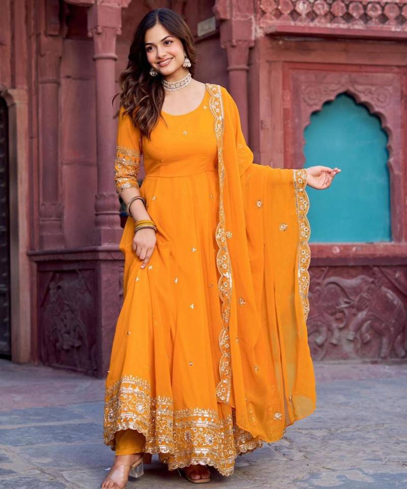 Mustard faux georgette embroidered gown set
