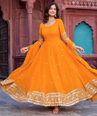 Mustard faux georgette embroidered gown set 2