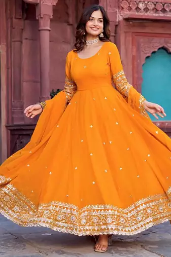 Mustard faux georgette embroidered gown set