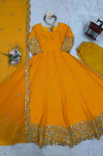 Mustard faux georgette embroidered gown set