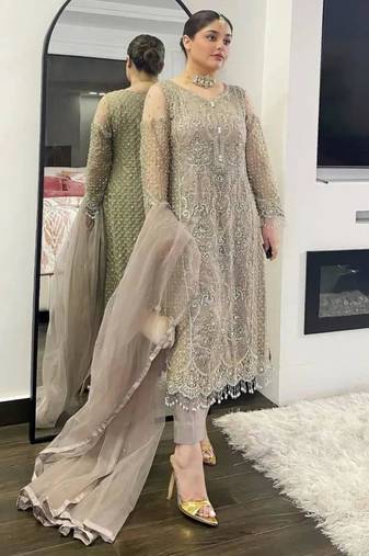 Grey net embroidered salwaar kameez