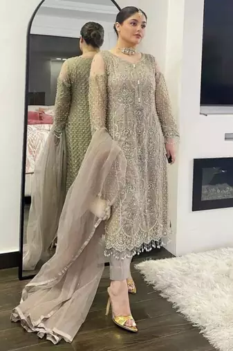 Grey net embroidered salwaar kameez