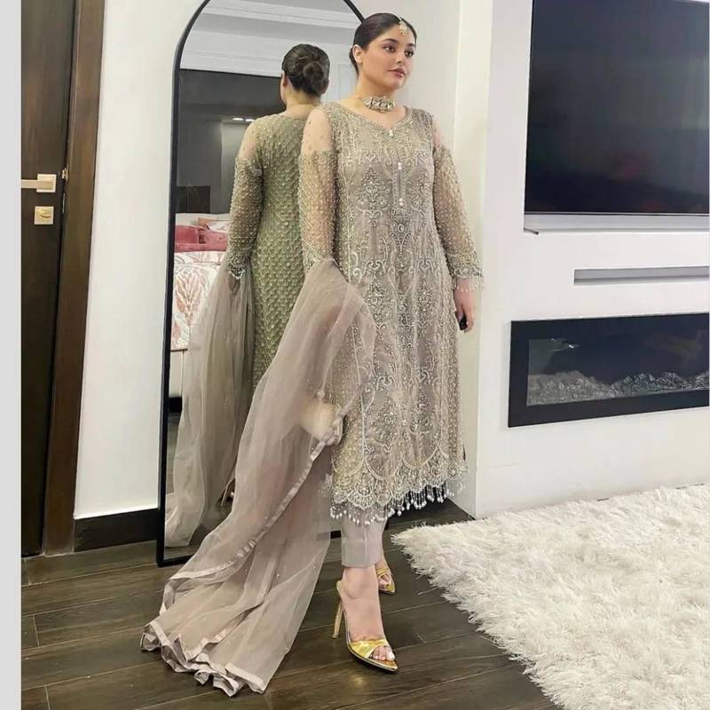 Grey net embroidered salwaar kameez