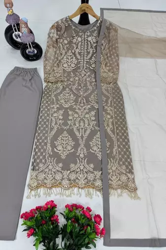 Grey net embroidered salwaar kameez