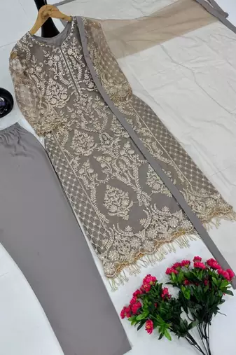 Grey net embroidered salwaar kameez