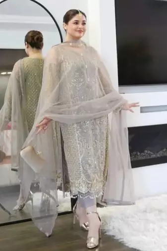 Grey net embroidered salwaar kameez