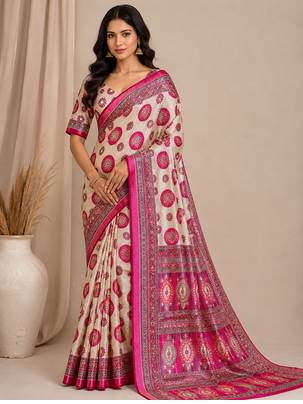 white-pink digital printing with original mirror dola silk saree 1