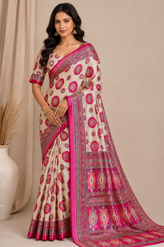 white-pink digital printing with original mirror dola silk saree