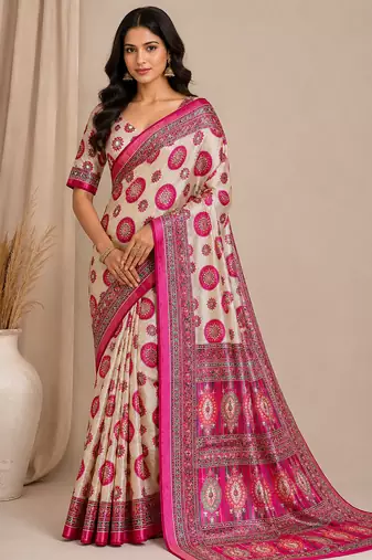white-pink digital printing with original mirror dola silk saree