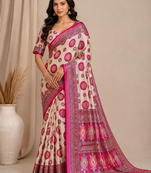 white-pink digital printing with original mirror dola silk saree