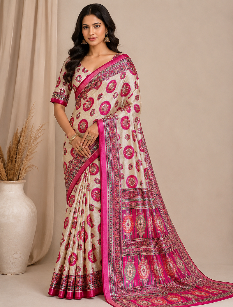 white-pink digital printing with original mirror dola silk saree