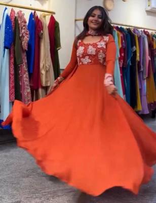 Dark orange faux georgette embroidered gown set 1