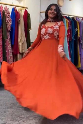 Dark orange faux georgette embroidered gown set