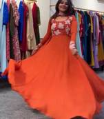 Dark orange faux georgette embroidered gown set