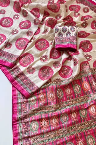 white-pink digital printing with original mirror dola silk saree