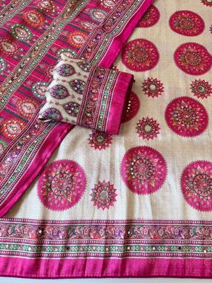 white-pink digital printing with original mirror dola silk saree 4