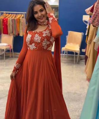 Dark orange faux georgette embroidered gown set 2