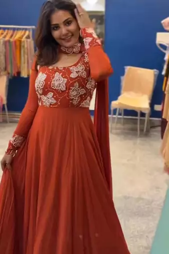 Dark orange faux georgette embroidered gown set
