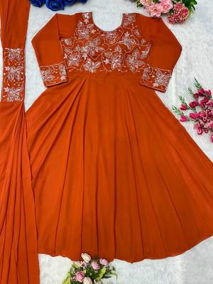 Dark orange faux georgette embroidered gown set 3