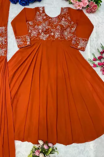 Dark orange faux georgette embroidered gown set
