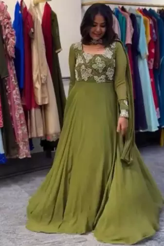 Olive faux georgette embroidered gown set