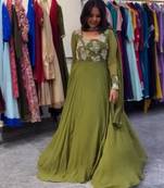 Olive faux georgette embroidered gown set