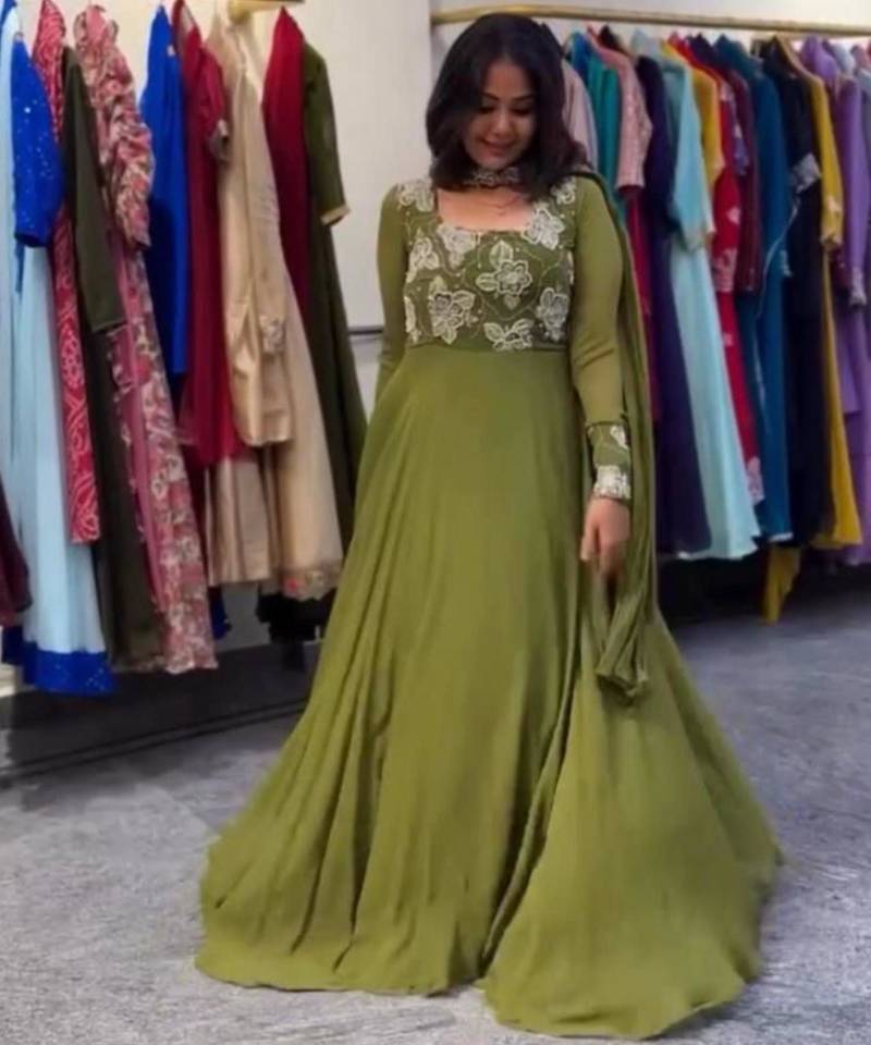 Olive faux georgette embroidered gown set