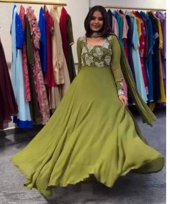 Olive faux georgette embroidered gown set 2