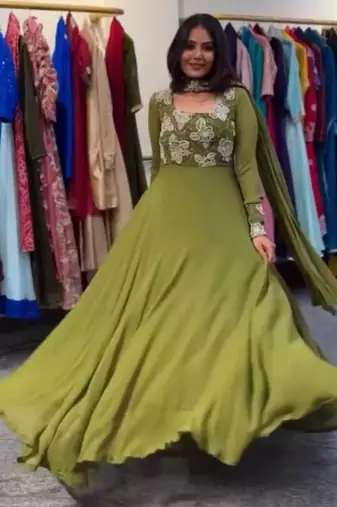 Olive faux georgette embroidered gown set