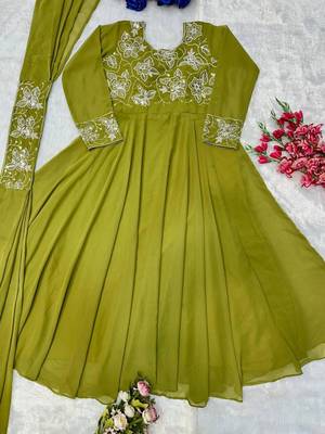 Olive faux georgette embroidered gown set 3