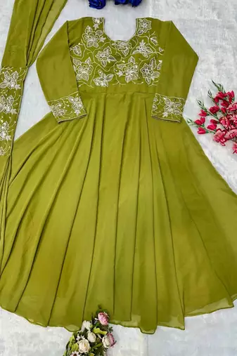 Olive faux georgette embroidered gown set